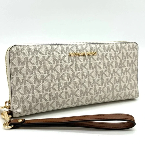 Michael Kors Large Continental Wallet Wristlet Vanilla/Brown - Picture 1 of 10